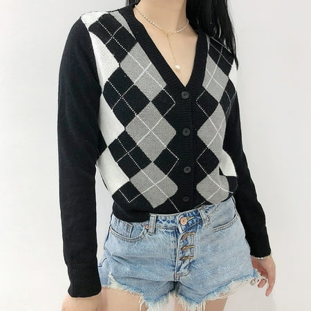 

WJHWSX Crochet Cardigan Western Argyle 90s Shacket Jacket Women Tops for Women Casual Fall Black