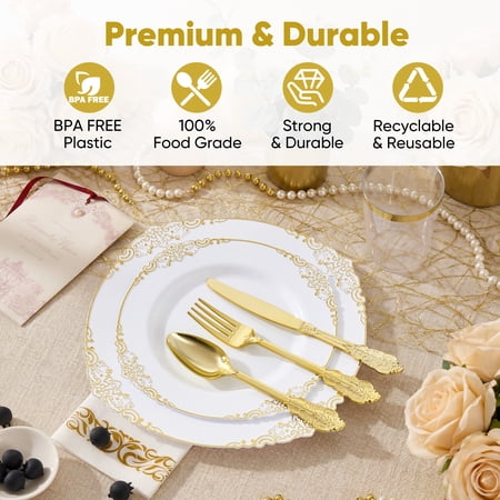 DALUVENIX 350 PCS GOLD PLASTIC DINNERWARE SET FOR 50 GUESTS,  DISPOSABLE DINNERWARE SETS INCLUDE 100 GOLD RIM PLASTIC PLATES, 50 SILVERWARES, 50 CUPS, AND 50 NAPKINS FOR PARTY, WEDDING, HOLIDAYS