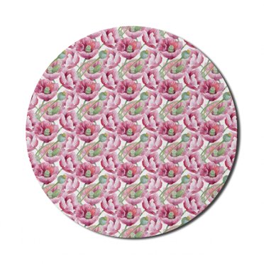Floral Mouse Pad for Computers, Blooming Summer Garden Flowers Buds and Pistils Watercolor Illustration, Round Non-Slip Thick Rubber Modern Mousepad, 8" Round, Magenta and Fern Green, by Ambesonne