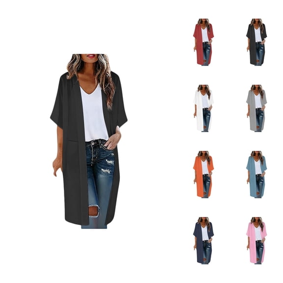 Kimono Cardigans for Women 3/4 Sleeve Sheer Chiffon Loose Open Front Lightweight Long Cardigans Summer Beach Coverups
