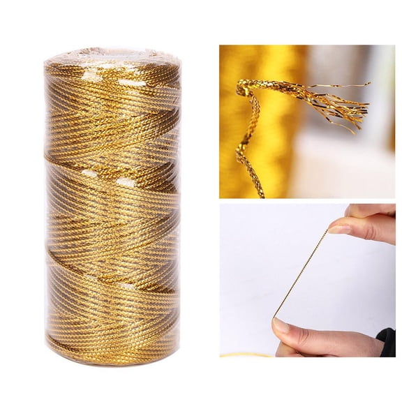 1.5mm Metallic Tinsel Cord, 109 Yards Decorative Gold & Silver Baker Twine, Non-Elastic Flat Hollow Braid String for Gift Wrapping, Ornament Hanging & DIY Crafting - Gold 1PCS
