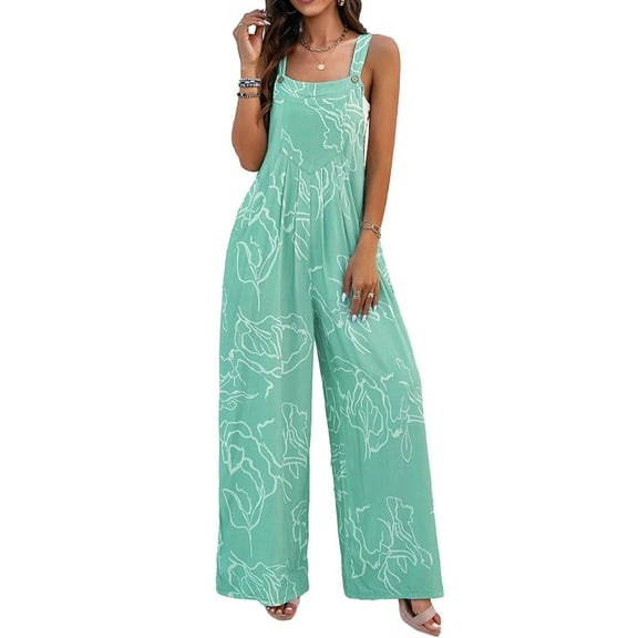 Women's Trendy Moonlight Jade Printed Bib Wide Leg Overalls