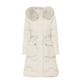 thumbnail image 4 of Women's Slim Fit Mid-Length Puffer Coat, Waist Defining Quilted Jacket, Faux Fur Trim Hooded Parka, Winter Fashion Coat, Cold Weather Outerwear, Tapered Waist Parka Beige L, 4 of 5