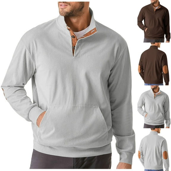 FRSASU Men's Corduroy Long Sleeve Shirt Loose Fit Casual Warm Wear Stand Neck Button Jacket with Pockets Gray