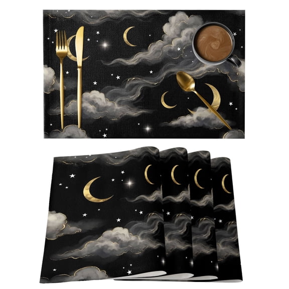 Black Moon Night Placemats Set of 2 Starry Evening Place Mats Indoor Wipeable Table Mats Washable Cloth Dining Table Placemats for Kitchen Holiday Party Home Decor 13x19 Inch