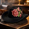 thumbnail image 3 of EOYWHK Men Western Rose Embroidered Cowboy Hat Wide Brim Felt Cowgirl Hat with Adjustable Chin Strap for Western Party Costume, 3 of 5