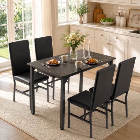 SYNGAR 5 Piece Dining Table Set for 4 Faux Marble Kitchen Table with 4 Upholstered Chairs Space-Saving Design Thickened Top & Reinforced Frame Black