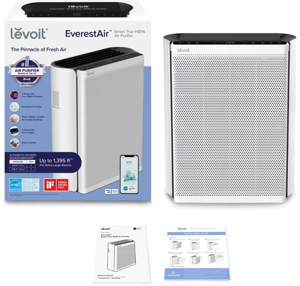 Levoit Air Purifier for Extra-Large Rooms (1395 Sq. Ft), Smart Air Cleaner with PM1/PM2.5/PM10 Monitor, EverestAir™, White / Black
