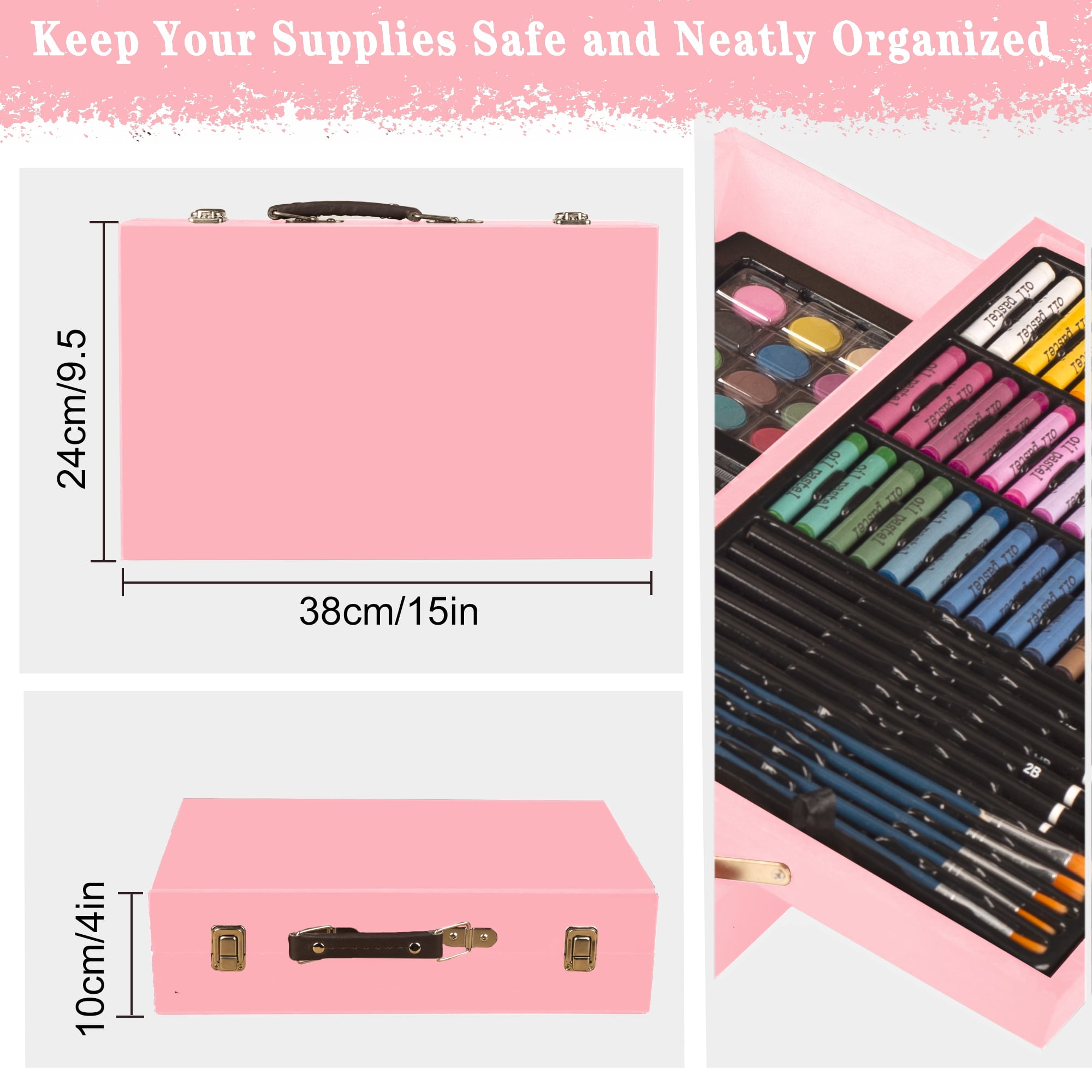 KINSPORY 168Pcs Drawing Painting Set, Deluxe Wooden Art Set Crafts Coloring Book, Sketch Pad, Gift for Artist Beginners Kids Girls Boys (Pink)