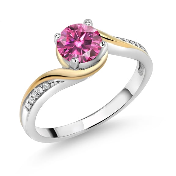 Gem Stone King 925 Silver and 10K Yellow Gold Ring Round Pink and White Moissanite (0.85 Cttw, Size 8)