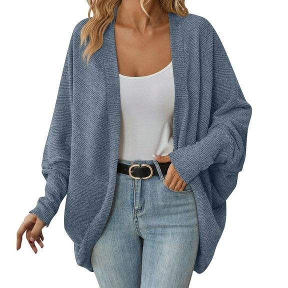 larppty Women's 2025 Fall Waffle Knit Batwing Long Sleeve Cardigan Loose Open Front Sweater Coat (Blue, XL)