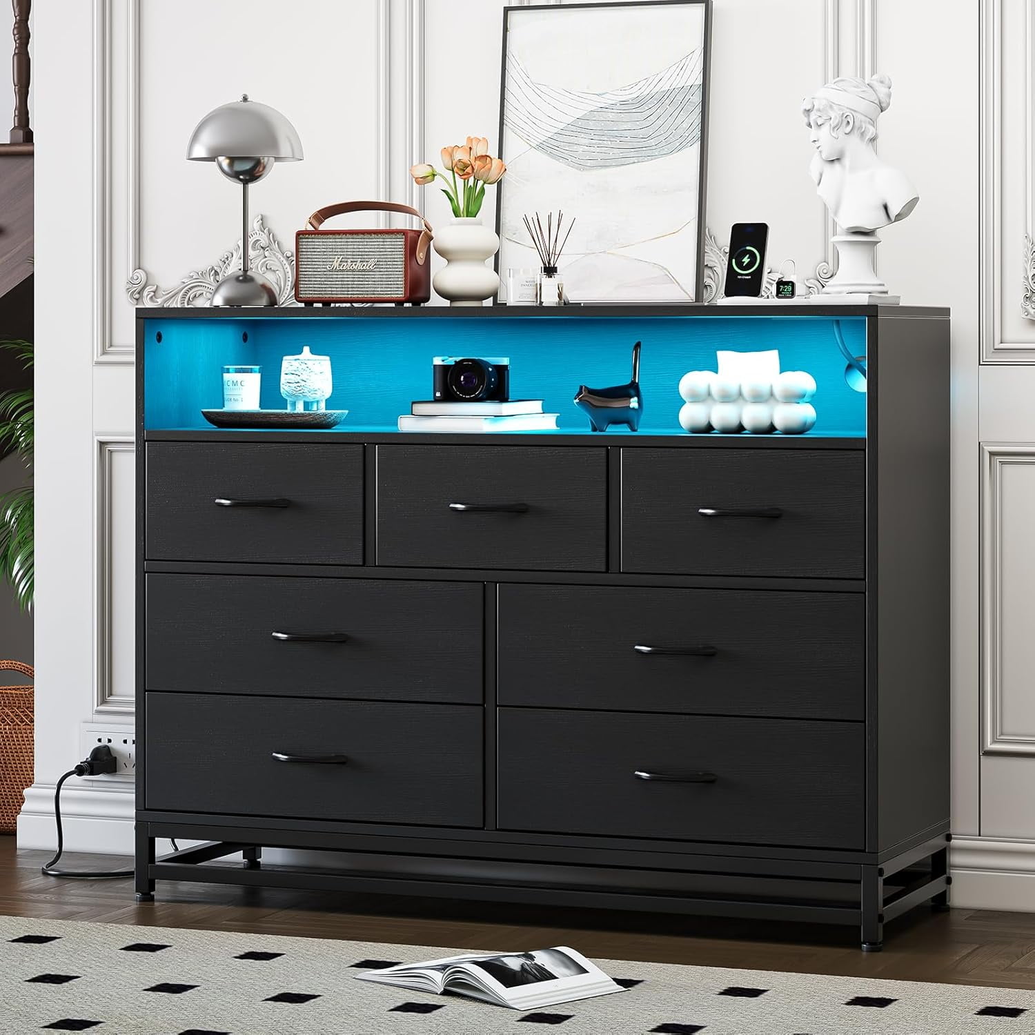 7 Drawers Dresser for Bedroom, Black Dresser Tv Stand with Charging Station and Led Lights, Modern Wooden Large Capacity Storage Dresser, Dressers & Chest of Drawers, Wide Bedroom Dresser