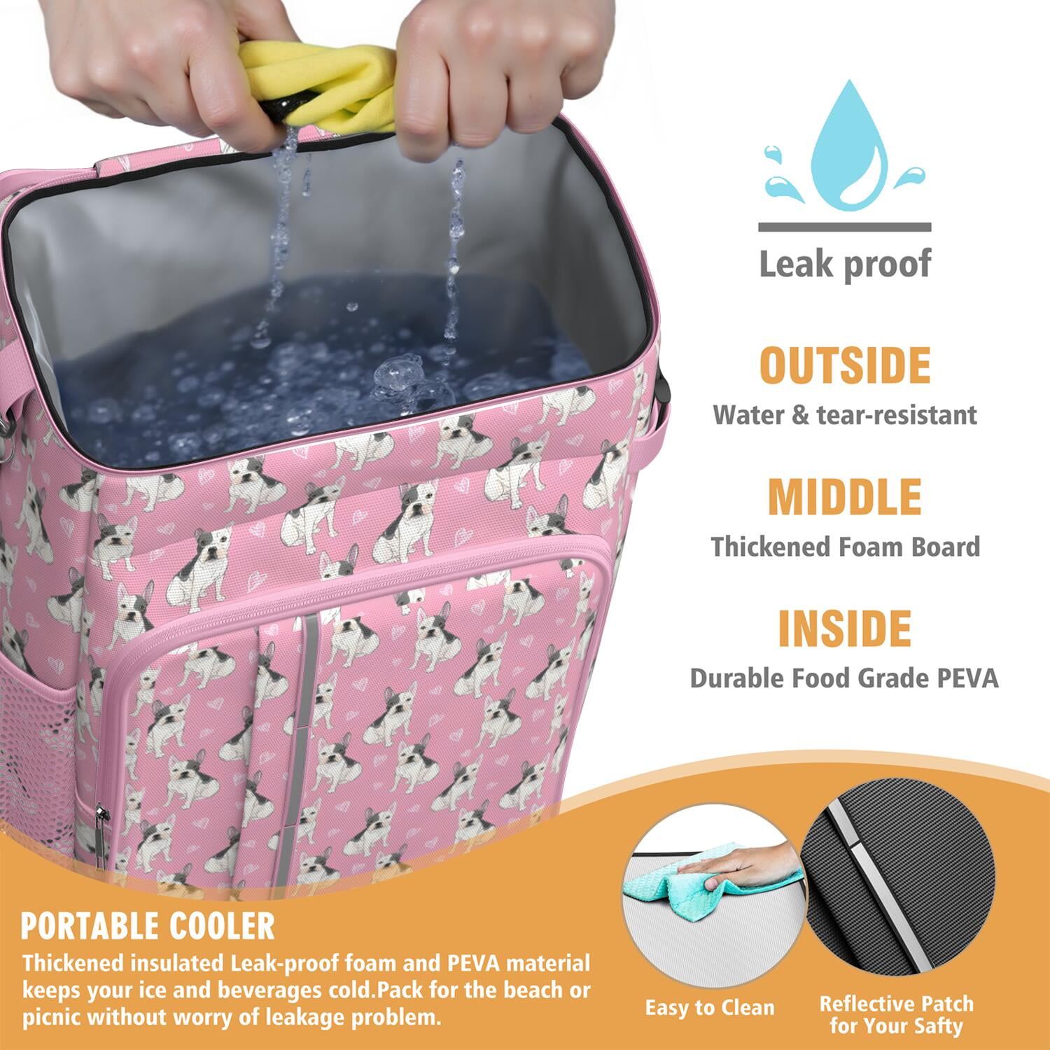 Travel Cooler Bag - Pink French Bulldog Love Heart Camping Beer Cooler Backpack with Bottle Opener- Waterproof Insulated Picnic Backpacks - Cooler Bag for Beach