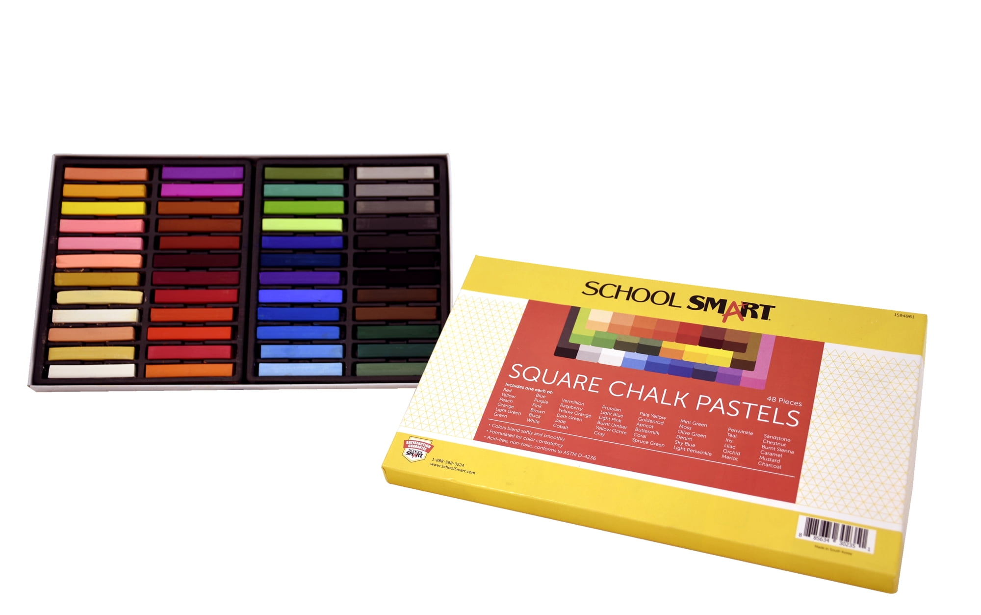 School Smart Square Chalk Pastels, Assorted Colors, Set of 48