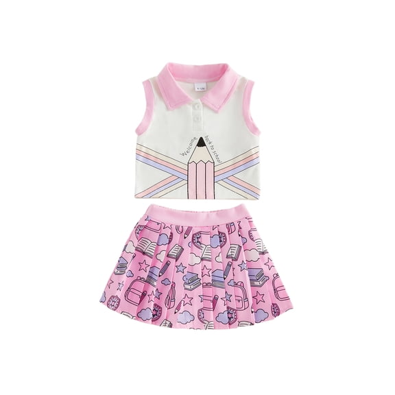 BemeyourBBs Baby Girl Back to School Outfit Kids Pre Kindergarten Outfits Toddler Baby Girl Summer Clothes Sleeveless Collared Button Tank Vest Tops and Book Pencil Printed Pleated Skirt Set