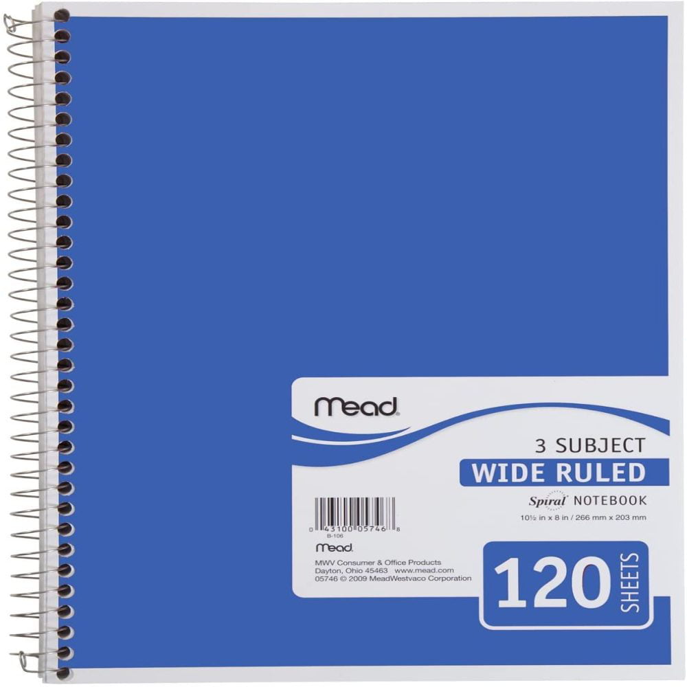 Details about   Mead Spiral Notebook 3 Subject Wide Ruled Paper 120 Sheets 10-1/2 x 7-1/2 inches 