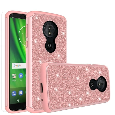 Moto G6 Play,Moto G6 Forge,Moto E5 Case,Cute Women Girls Glitter Bling Silicone Shock Proof Hybrid Case [Screen Protector] Dual Layer Protective Phone Case Cover for Motorola Moto G6 Play - Rose