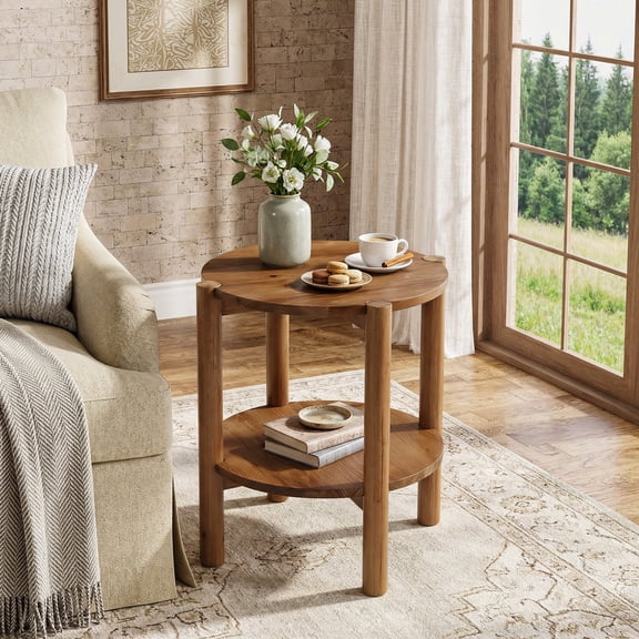 Finmind Solid Wood Round End Table, Farmhouse Skinny Nightstand with Storage Shelf for Living Room, Brown