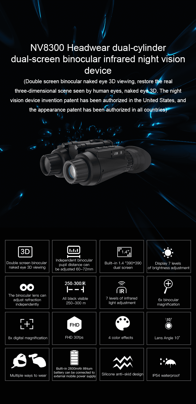 Telescope NV8300 Dual-Screen 3D Night Vision Goggles – 4K/36MP Recording, 6x Binocular & 8x Digital Zoom, 300m Range, 2600mAh Battery, Adjustable Eyepiece for Hunting, Wildlife, Camping