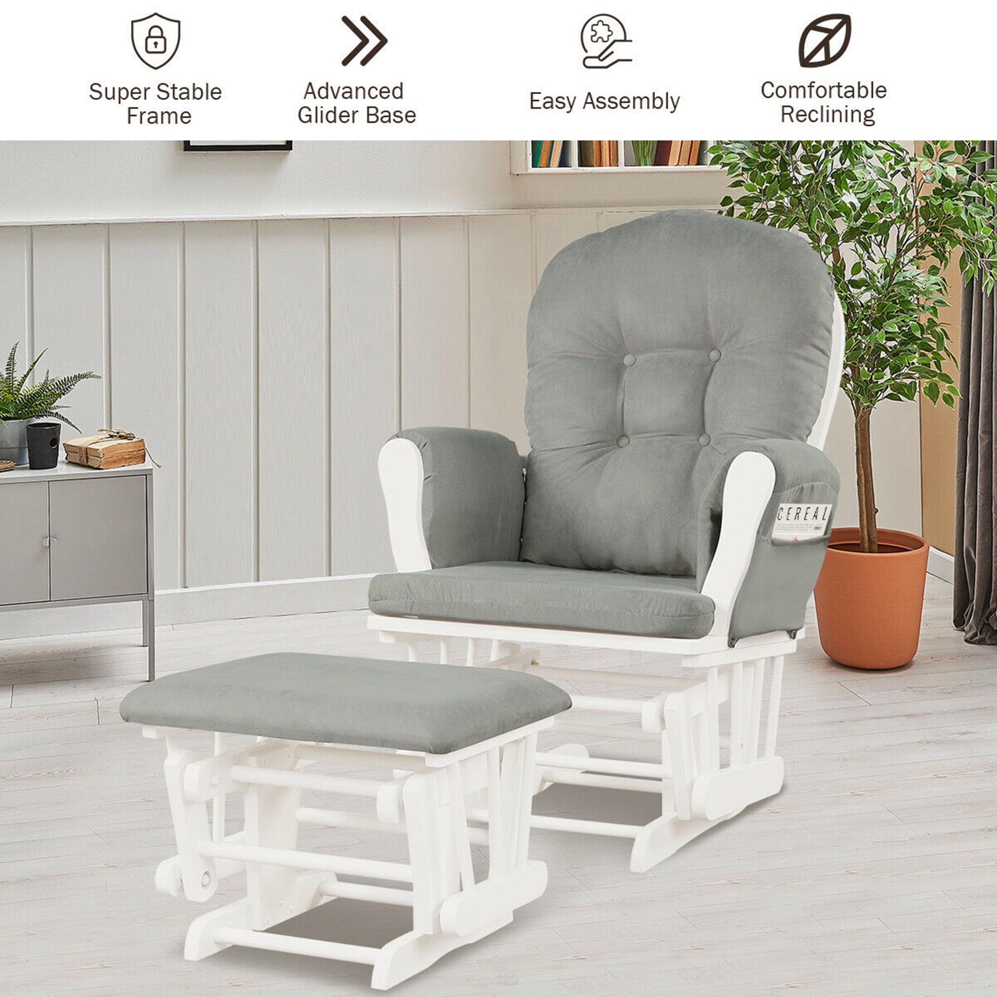 Gymax Baby Nursery Rocking Chair Glider and Ottoman Cushion Set Wood White Finish with Light Grey Cushions