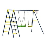 Outsunny 330lbs Kids Swing Set 4 in 1 Outdoor Play Equipment with Adjustable Swing Seat, Basket Hoop, Climb Ladder, Net, A-Frame Metal Stand for 3-10 Years Old