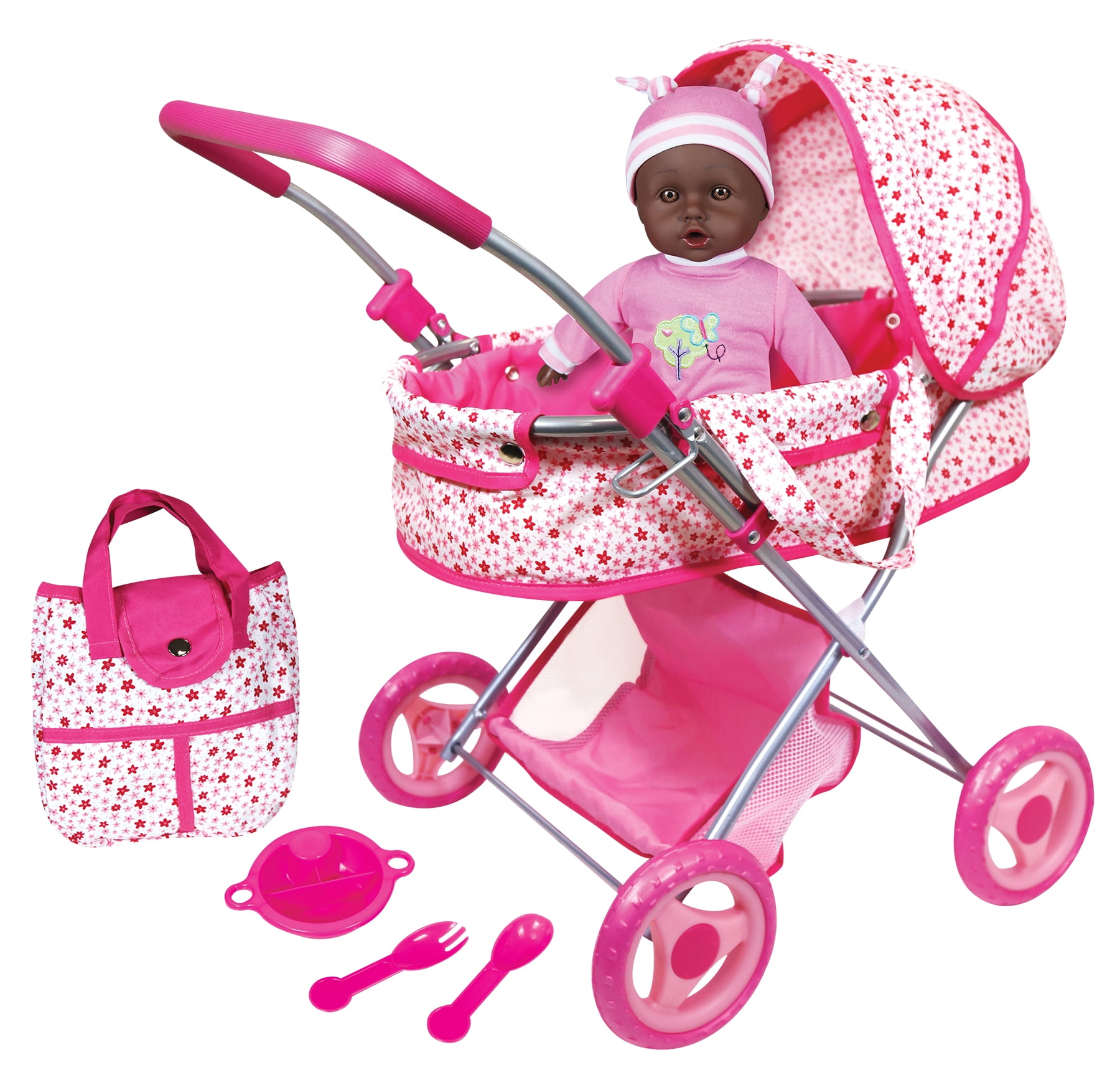 Pink Kids Deluxe Metal Dolls Pram Stroller Toy with Fold-up Hood for Ages 3+ 