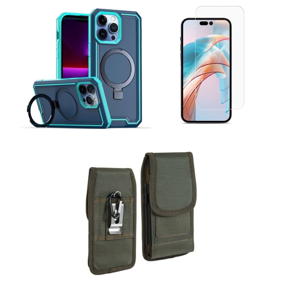 Bemz Case for iPhone 15 with Slim Heavy-Duty Armor Defender Wireless Charger Magnetic Kickstand Cover, Screen Protector, Vertical Rugged Nylon Belt Holster Pouch (Teal Blue)