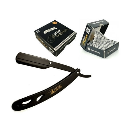 Classic Samurai CS-102 Matte Black Folding Straight Razor, Shavette with 100 Derby Premium Single Edge Razor (Best Way To Sharpen A Straight Razor)