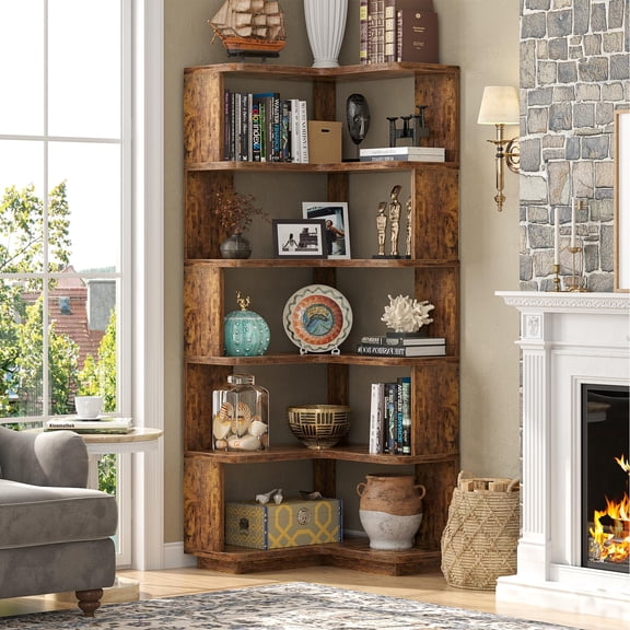 Homieasy 7-Tier Corner Bookshelf - Freestanding L-Shaped Etagere with Baffle for Home Office, Living Room & Bedroom,Rustic Brown