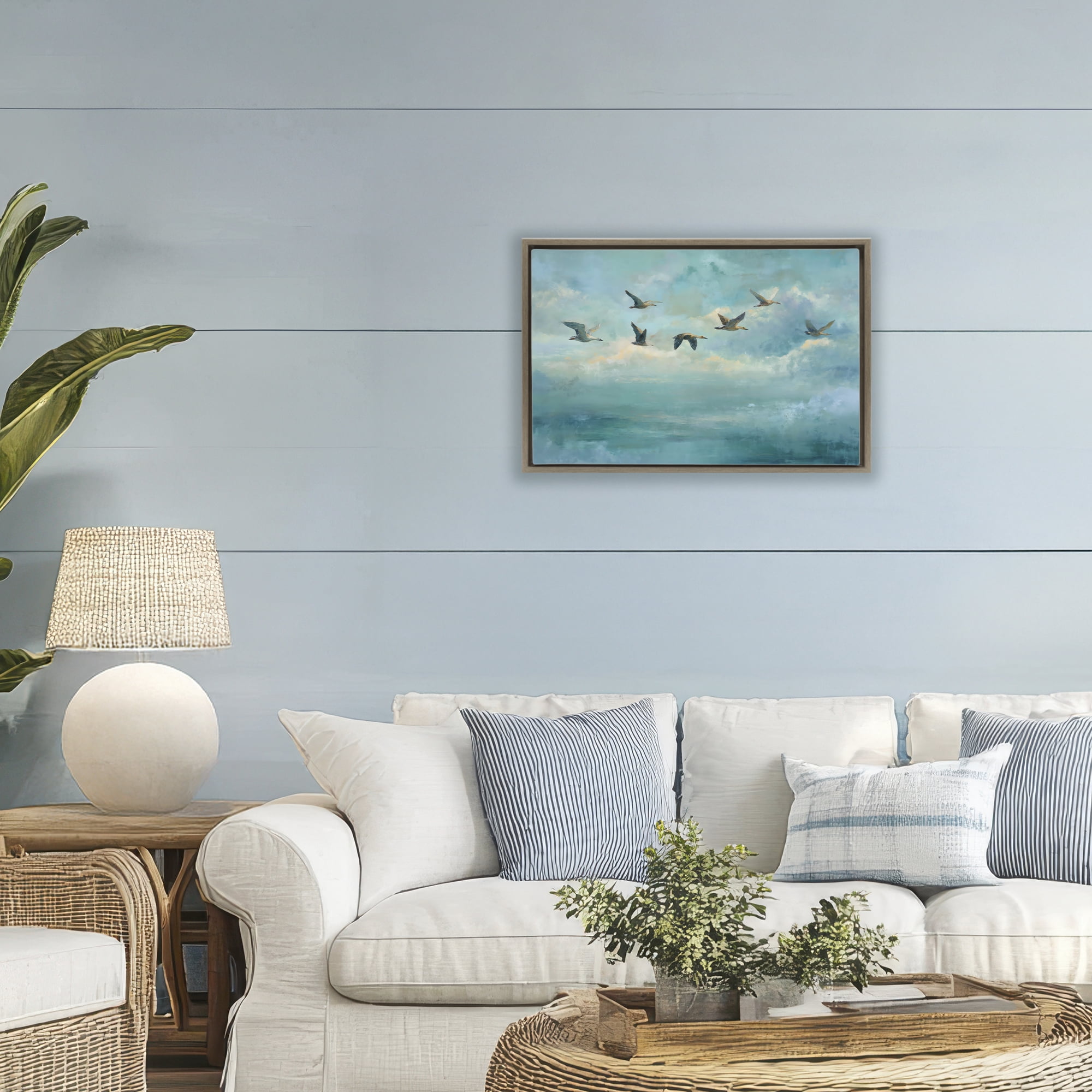 Stupell Industries Blue Skies Geese Brown Framed Floater Canvas Wall Art, design by Petal Prints Design