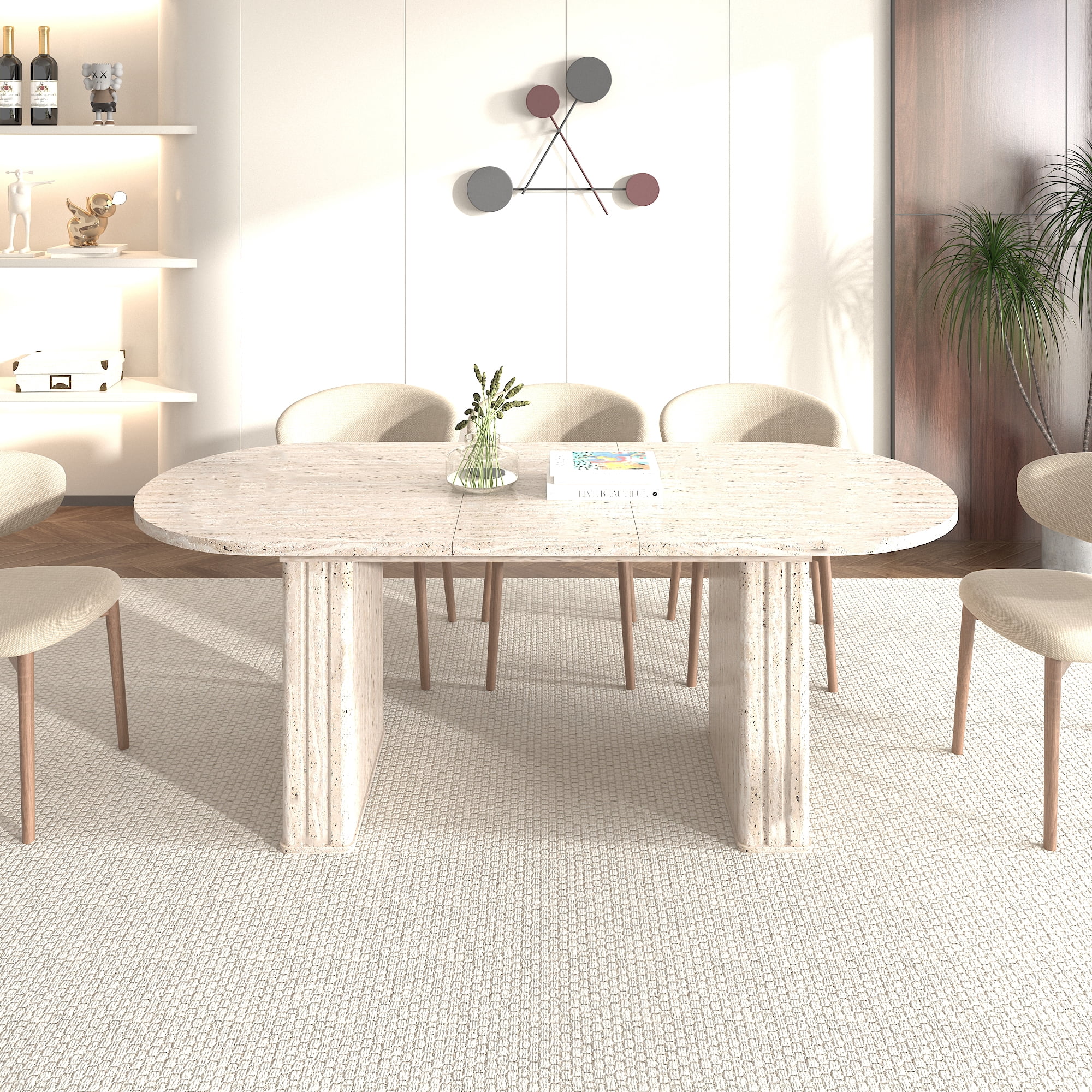 Extendable Oval Dining Table for 4-8 People, Travertine-Inspired Kitchen Table with Wooden Strip Base, Beige MDF Expandable Table for Family Living Room