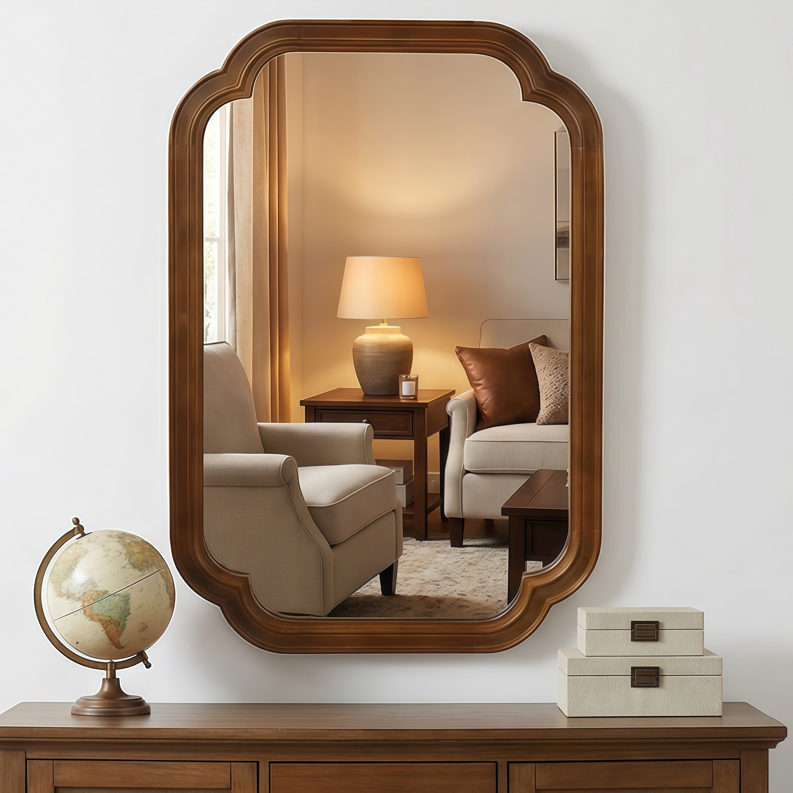20x30-Inch Rounded Corner Solid Wood Frame Mirror, Decorative Wall Mirror and Vanity Mirror for Bedroom Bathroom Living Room Entryway, Black Walnut
