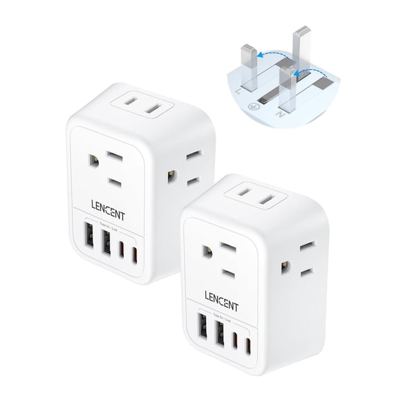 Adaptador de Viaje LENCENT Blanco 2X con 4 Salidas CA y 4 Puertos USB Tipo G para Reino Unido, Irlan