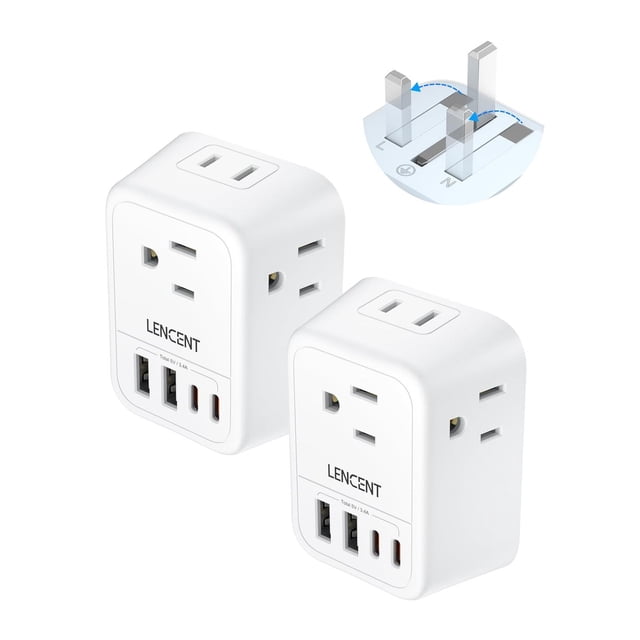 Adaptador de Viaje LENCENT Blanco 2X con 4 Salidas CA y 4 Puertos USB Tipo G para Reino Unido, Irlan