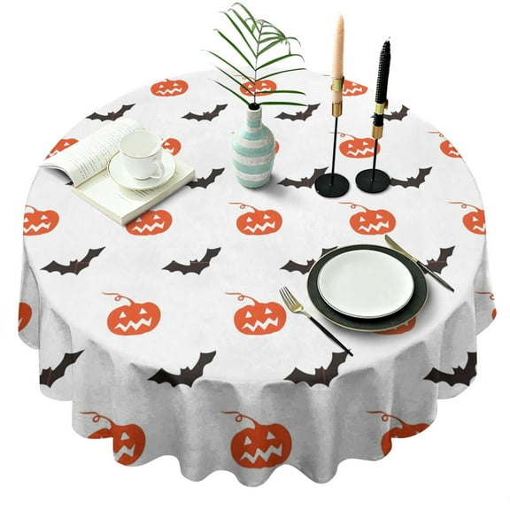 White Halloween Pumpkins and Bats Round Tablecloth 60"x60",Wrinkle Wipeable Table Cloth for Kitchen Dining Room Picnic Patio Party