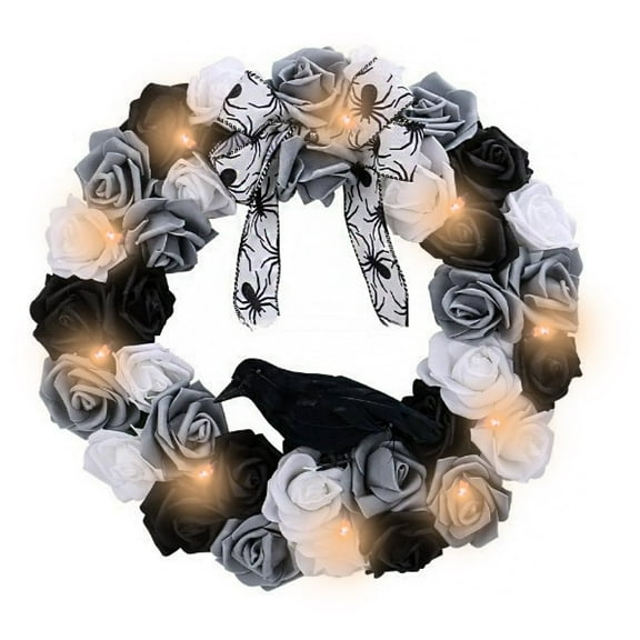 Halloween Decorative Wreath with Crow Roses Lights,13.7" Black White Flowers Gothic Garland for Wedding,Creepy Decor Pendant,Wreath for Front Door Porch Window, Indoor Outdoor Home Halloween Decor