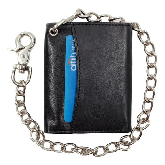 Genuine Leather Men's Biker Long Chain Trifold Black Wallet