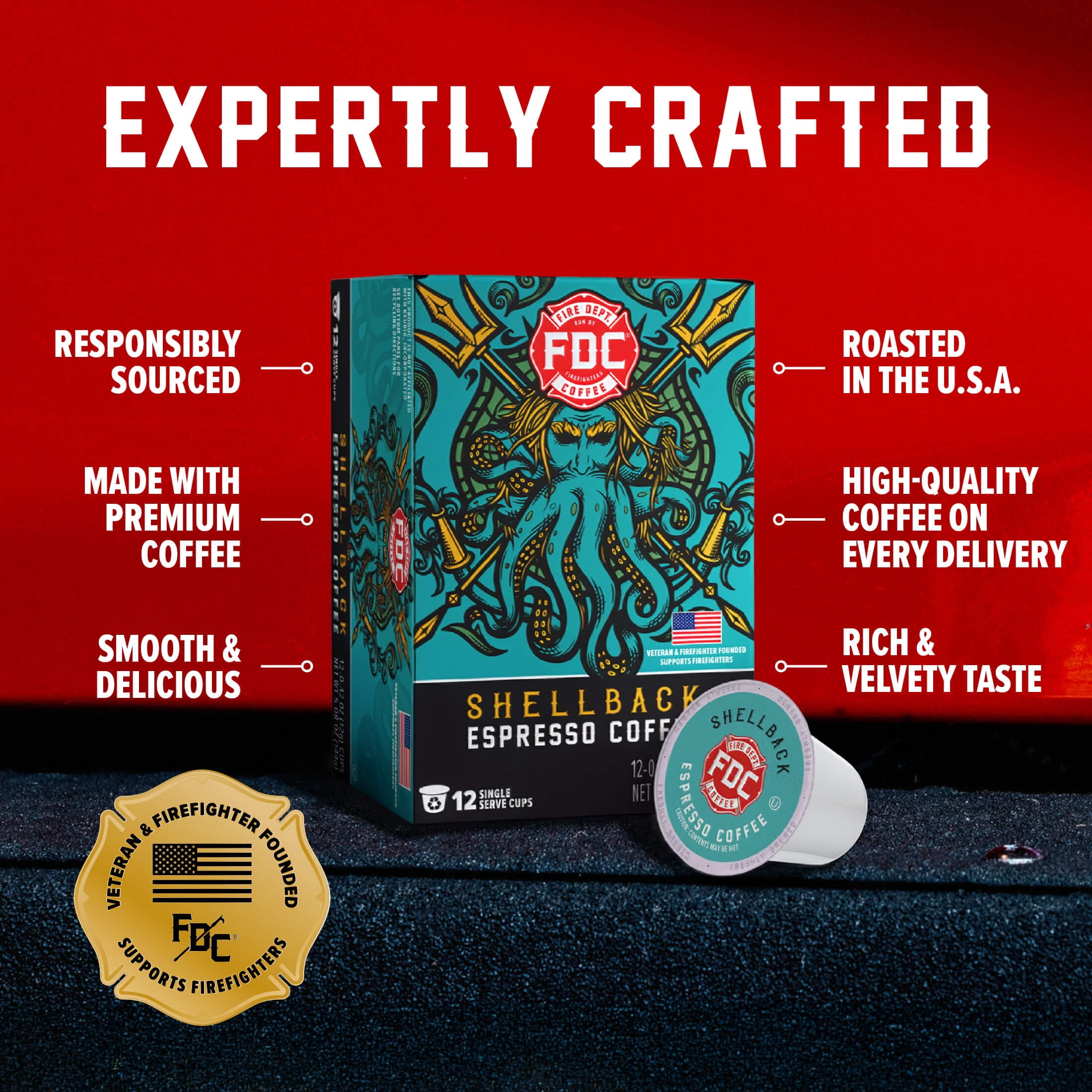 (6 pack) Fire Department Coffee, Shellback Espresso, Premium K-Cup Coffee Pods, Medium Roast, 12 Pack