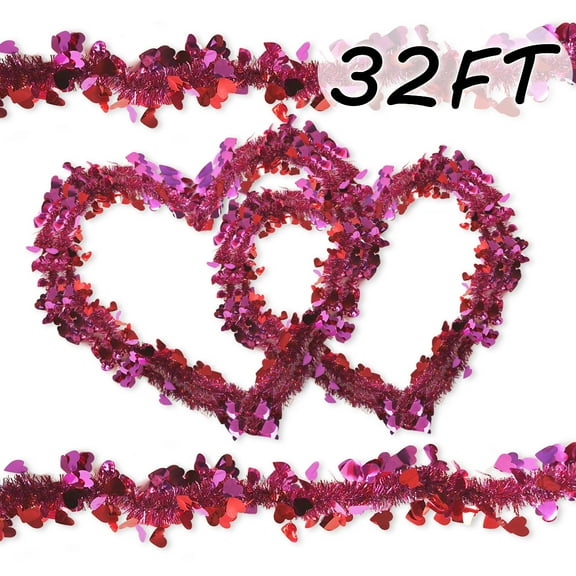 Heart Tinsel Garland Valentines Day Decorations Romantic Decorations Special Night Anniversary Wedding Red Pink 32FT