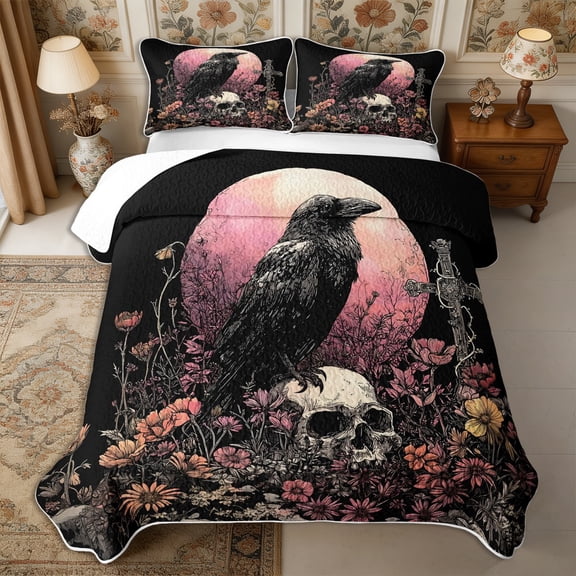 Manfei Gothic Skull Crow Twin Quilt Set 2 Pieces,Vintage Flowers Twin Coverlet Set,1 Bedspread and 1 Pillowcase