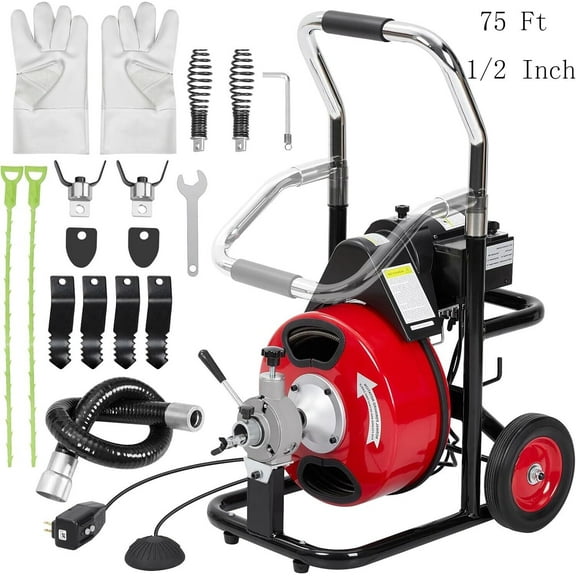 WhizMax 75Ft 1/2" Drain Cleaner Machine Automatic Electric Drain Auger Snake W/ 4 Cutter