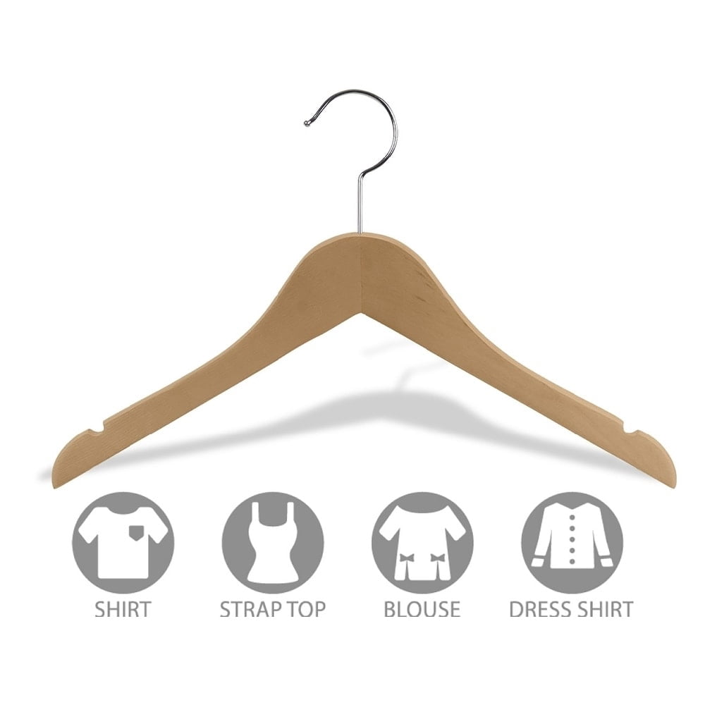 The Great American Hanger Company Wooden Junior Top Hanger with Natural Finish, Flat 14 inch Space Saving Wood hangers with Notches & Chrome Swivel