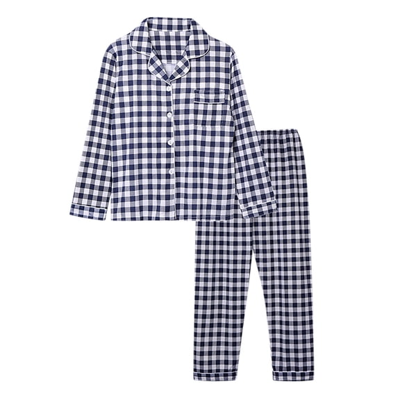 Ecqkame Pajamas for Women Set Casual Print Lapel Button Long Sleeve Top Elastic Waist Pants Loungewear Lightweight Comfy 2 Piece Sleepwear Sets Dark Blue XS
