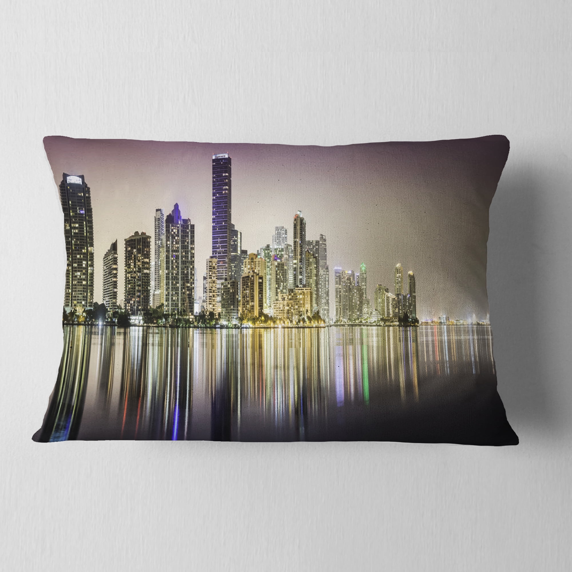 Designart Miami Downtown Night Panorama - Throw Pillow - 12x20