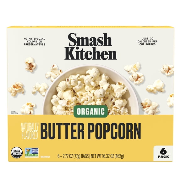 Smash Kitchen Organic Non-GMO Microwavable Naturally Flavored Butter Popcorn, 6 pack