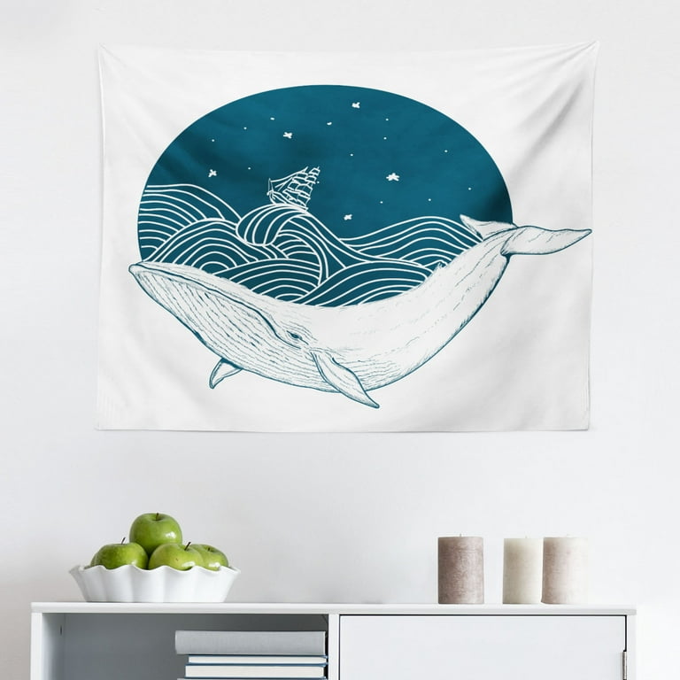Whale Tapestry Happy Big Smiling Cartoon Design Huge Whale with Modern Ornamental Design Art Fabric Wall Hanging Decor for Bedroom Living Room Dorm