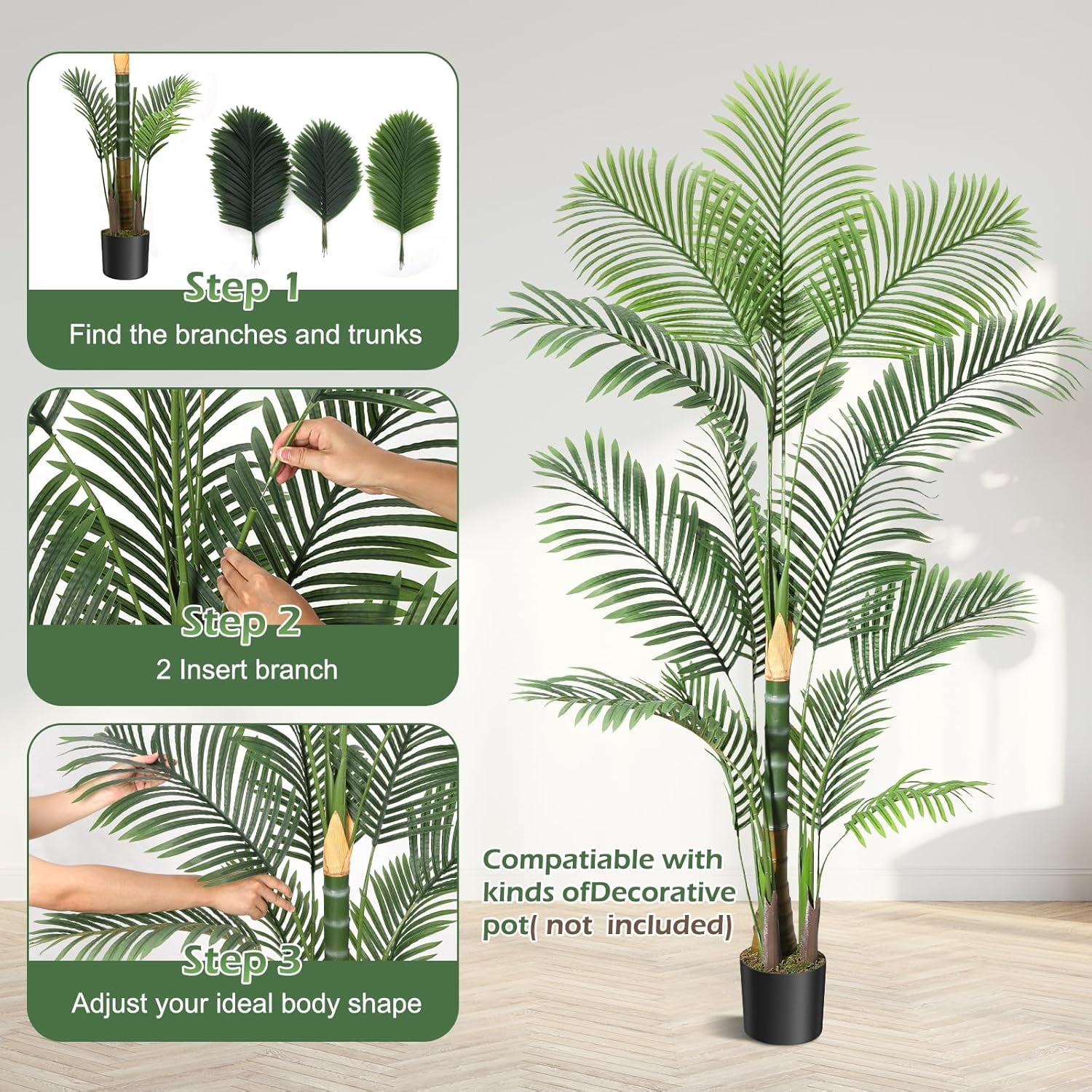 6ft Golden Cane Palm Artificial Tree, Large Tropical Palm Tree, PE Material & UV Resistant Fake Plant in Pot for Indoor Outdoor Home Decor Office House Living Room