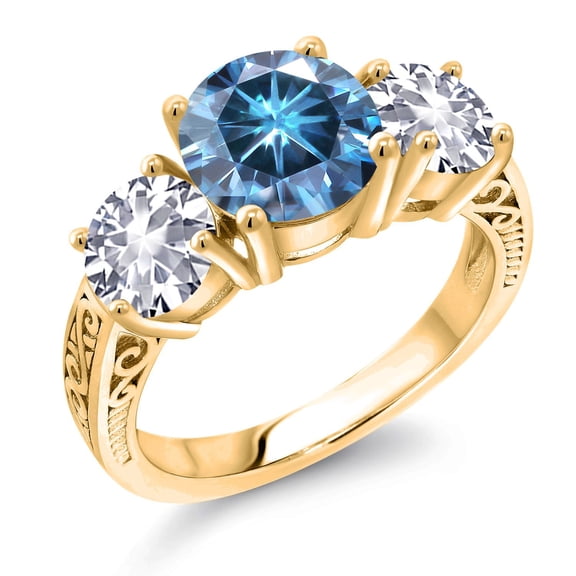 Gem Stone King 18K Yellow Gold Plated Silver Persian Blue Moissanite and White Created Sapphire Engagement Ring for Women | 3.90 Cttw | Round 8MM | Gemstone Birthstone | Size 7