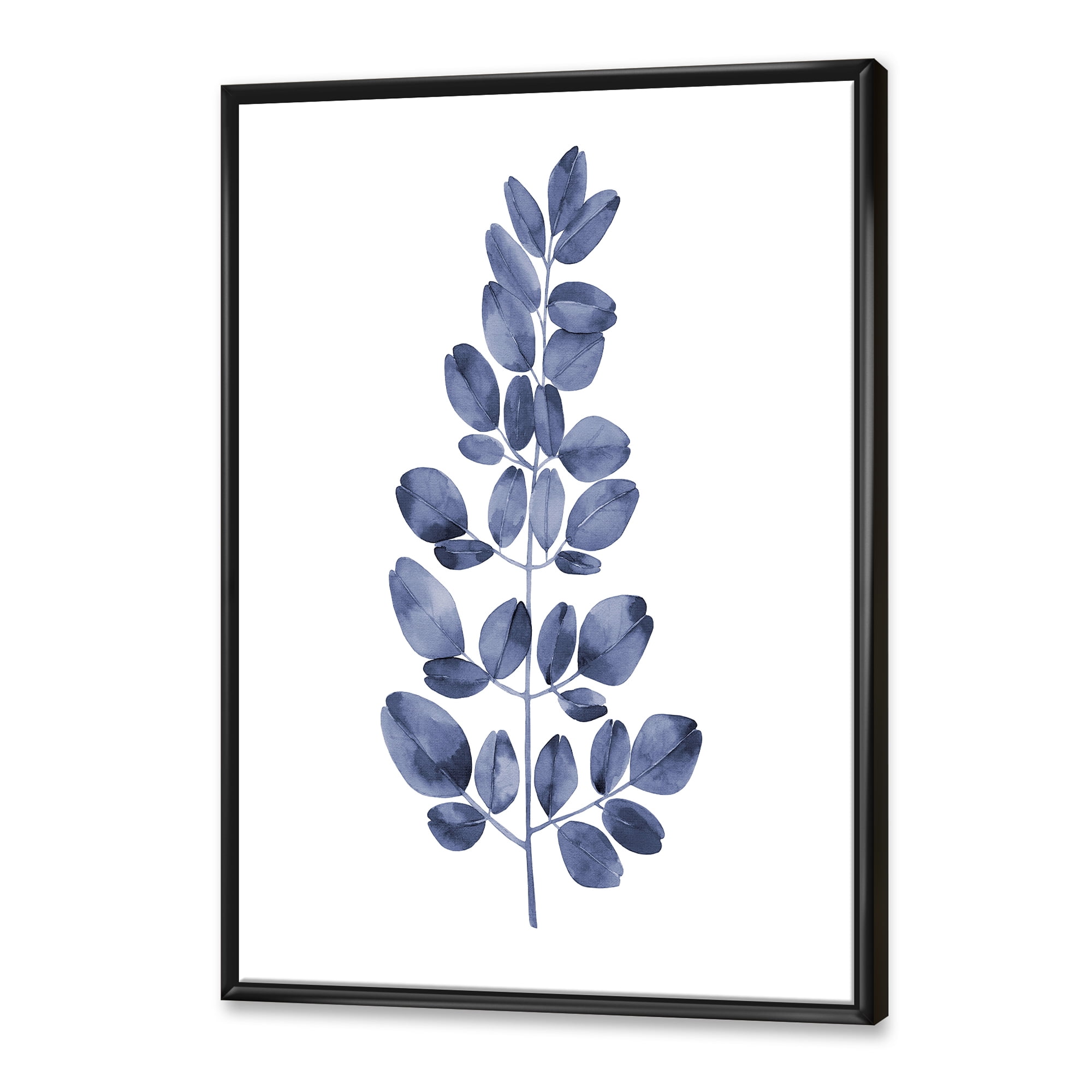 Designart 'Navy Blue Eucalyptus On White' Traditional Framed Canvas Wall Art Print
