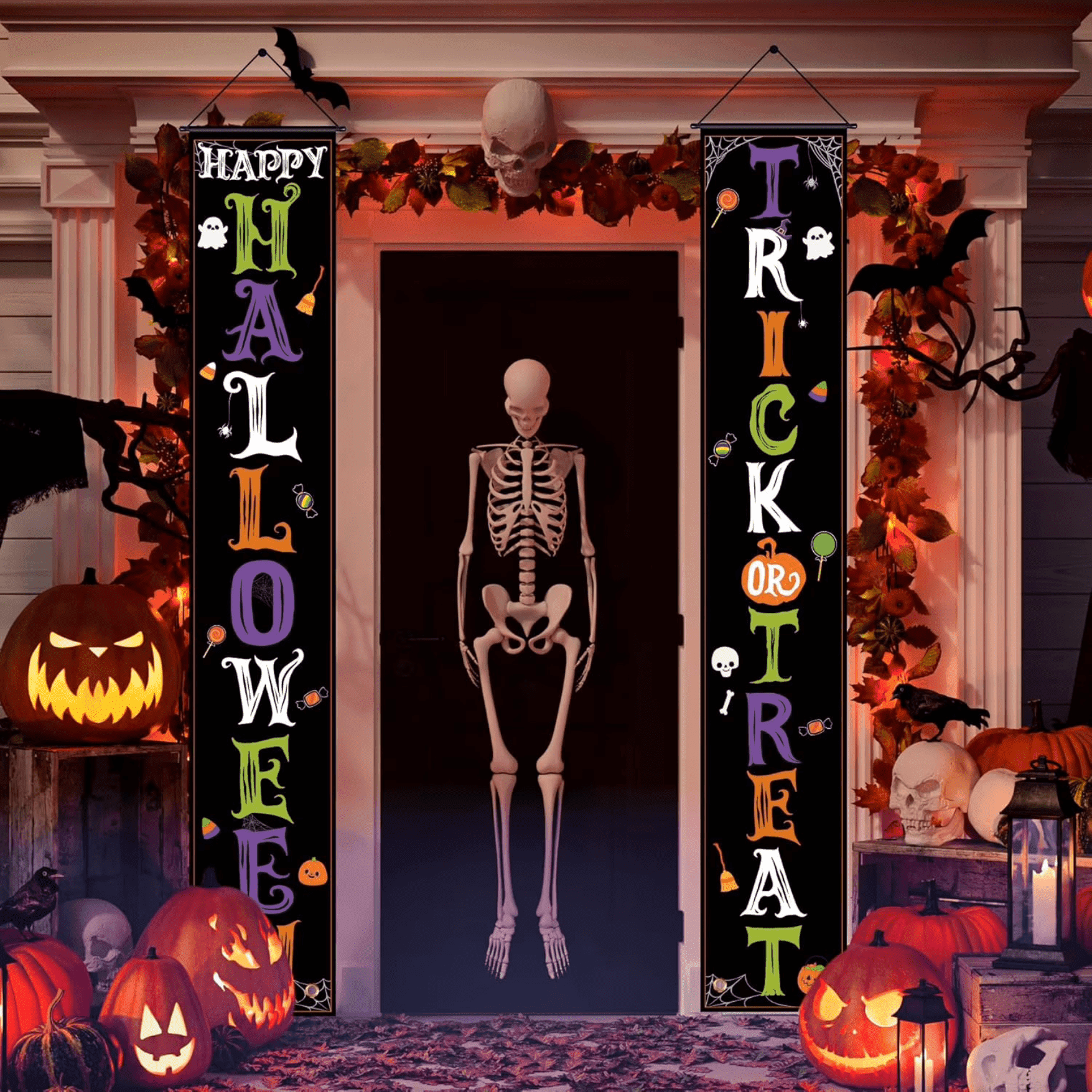 Festive Find Store Halloween Porch Banners 12x71 Inch Trick or Treat & Happy Halloween Door Hanging Decor, Outdoor Spooky Holiday Signs (2-Pack)